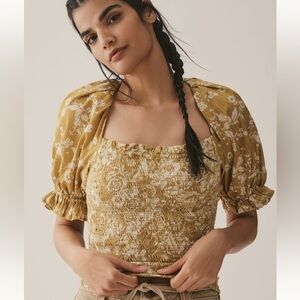 Seersucker smocked puff sleeve crop top by Anthropologie